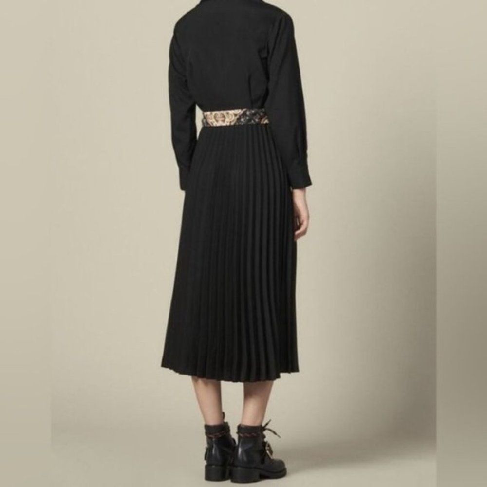 Sandro Black Pleated Midi Dress with Embroidered Panel - Picture 3 of 16